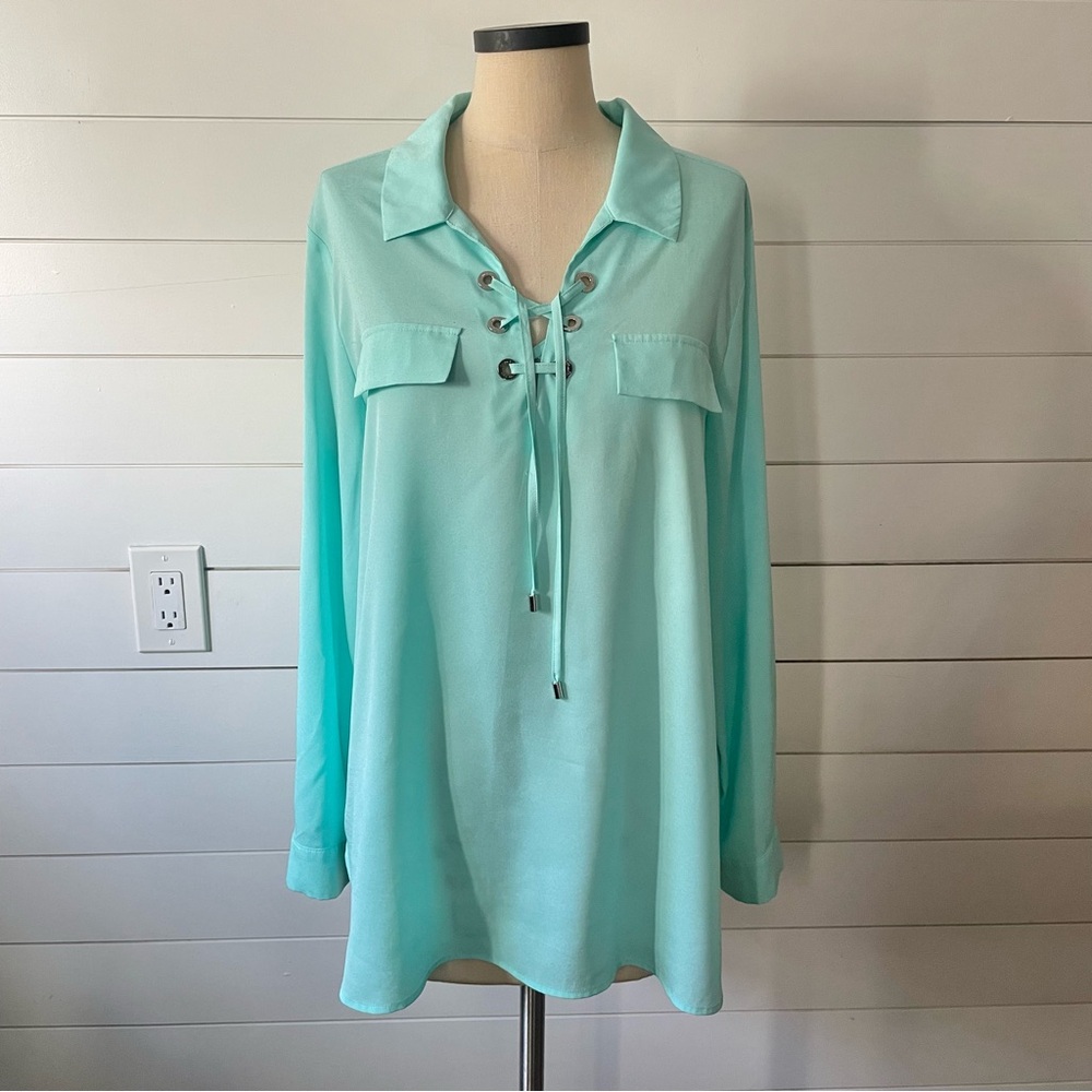 Calvin Klein- Aqua Lace-Up Grommet Blouse - XL